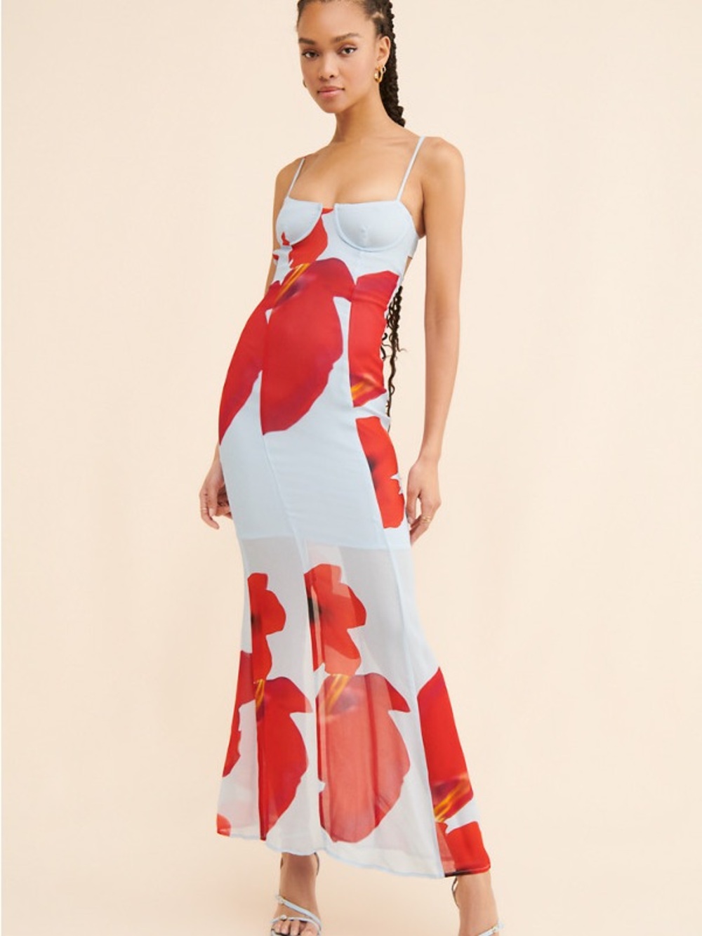 Sleeveless Red Floral Maxi Dress - Light Blue & Red